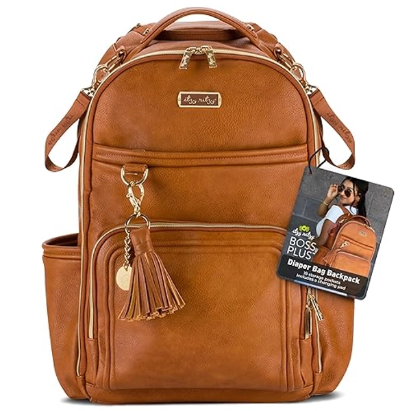 Itzy Ritzy Diaper Bag Backpack – Large Capacity Boss Plus Baby Backpack Diaper Bag Featuring 19 Pockets, Changing Pad, Stroller Clips, and Comfortable Backpack Straps, Cognac - Large - Cognac
