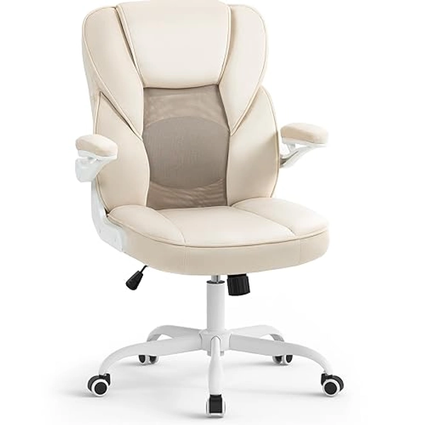 SEATZONE Home Office Desk Chairs with Wheels and Armrests,Office Chair Comfortable Ergonomic Mesh with Teddy Fleece Fabric Executive Computer Chairs for Adults and Teens,Beige - Modern Beige
