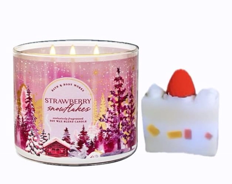 Strawberry Snowflakes - White BarnBath/Body Work- 3-Wick Scented Candle 14.5 OZ Burns 25-45 Hours and Strawberry Cake soap (Label Artwork Varies)