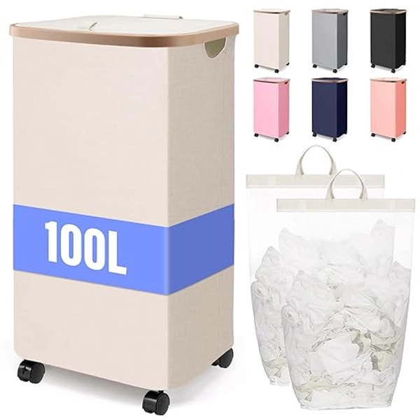 100L Movable Storage Basket Laundry Hamper With Wheels,Large Collapsible Rolling Laundry Basket,Dirty Clothes Hamper With Lid in Laundry Room Bedroom Bathroom College Dorm for Adults,BEIGE - BEIGE