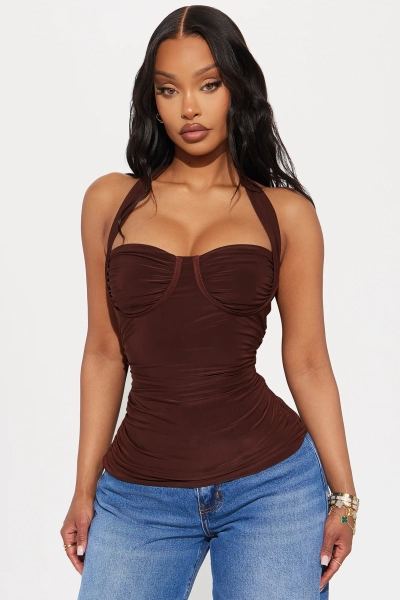 Just A Feeling Ruched Halter Top - Chocolate