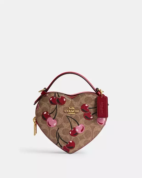 Gold/Tan Multi Heart Crossbody Bag In Signature Canvas With Cherry Print