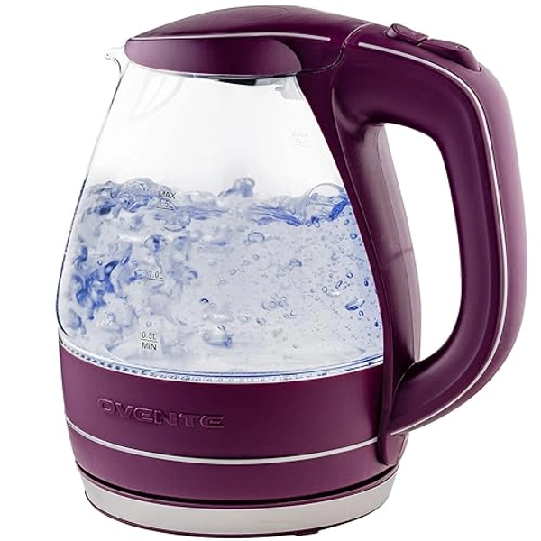 OVENTE Glass Electric Kettle Hot Water Boiler 1.5 Liter Borosilicate Glass Fast Boiling Countertop Heater - BPA Free Auto Shut Off Instant Water Heater Kettle for Coffee & Tea Maker - Purple KG83P - Purple