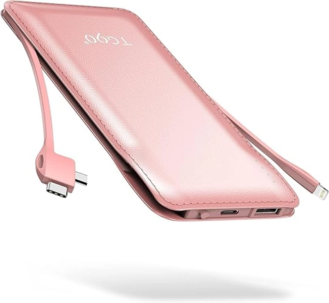 TG90° 10000mah Portable Charger Power Bank with Built-in Cables,Travel Essentials Battery Pack with Cords Portable Phone Charger Compatible with iPhone and Android Smart Devices - Cables-Pink