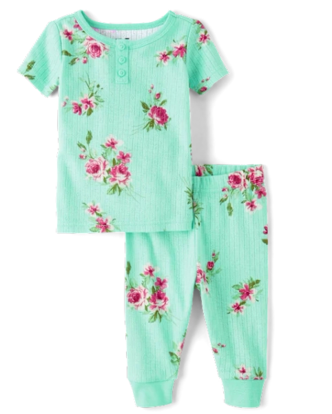 Baby And Toddler Girls Floral Henley Pointelle Snug Fit Cotton Pajamas - Aqua