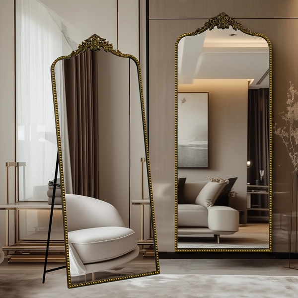 Growsun Vintage Black Baroque Full-Length Mirror, 65"x22" - Versatile Floor Standing or Wall Mounted Design for Bedroom & Living Room Decor