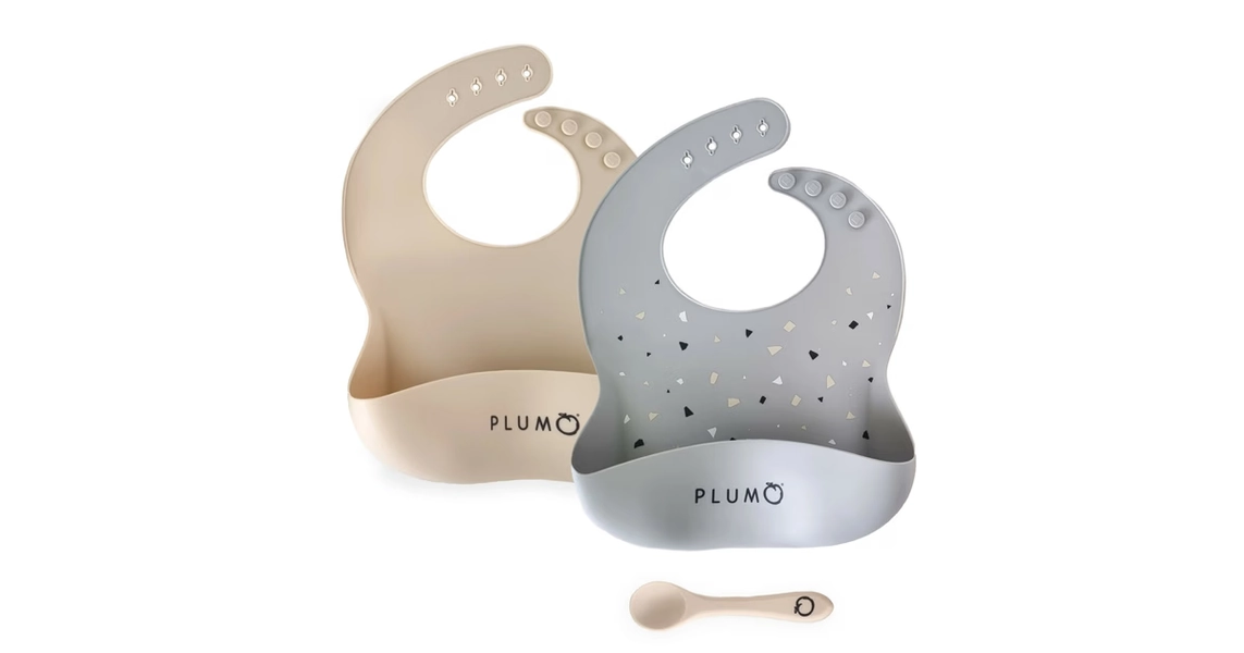 Plum Silicone Bib & Spoon Set 3Pc Grey/Sand | Baby Bunting AU