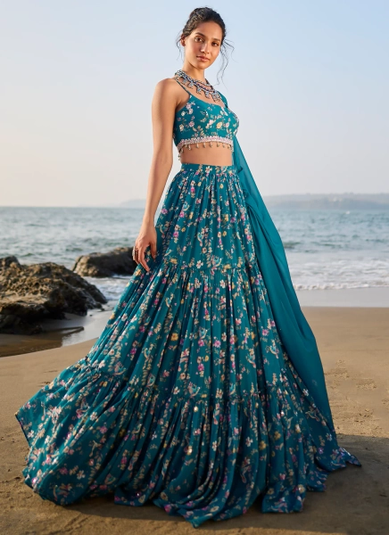 Teal Floral Printed Lehenga | Default Title
