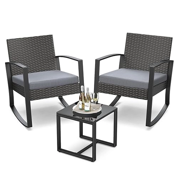 Qsun 3 Pieces Patio Furniture Set Rocking Bistro Set Outdoor Rattan Conversation with Coffee Table for Garden Balcony Backyard Poolside (Grey Cushion) - Grey