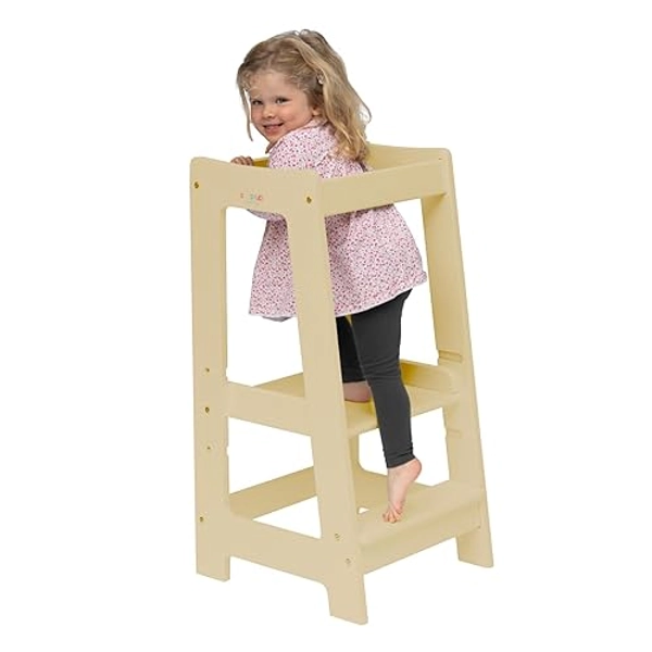 Stepup Baby Award-Winning Adjustable Wooden Toddler Tower | Safe and Sturdy Step Stool Fits Under Kitchen Counters | Standing Tower with Safety Rails and Non-Slip Feet | for Ages 18 Months to 5 Years - Natural
