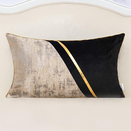 Alerfa 12 x 20 Inch Black Beige Gold Leather Patchwork Velvet & Polyester Cushion Case Luxury Modern Lumbar Throw Pillow Cover Decorative Pillow for Couch Sofa Living Room Bedroom Car 30 x 50cm - Black - 20" x 12" (Pack of 1)