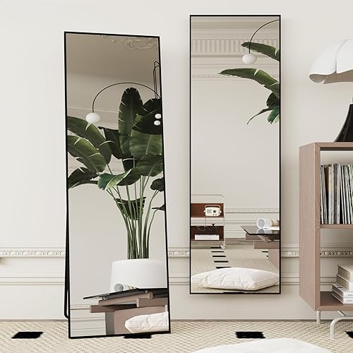Beauty4U 59" x 16" Tall Full Length Mirror with Stand, Black Wall Mounting Full Body Mirror, Metal Frame Full-Length Tempered Mirror for Living Room, Bedroom - Black-rect - 59"L x 16"W
