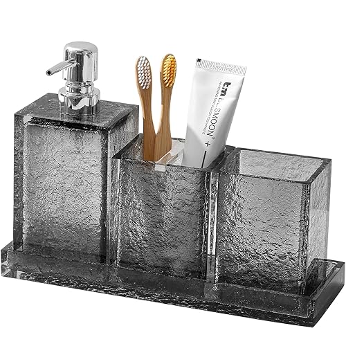 Bathroom Accessories Set, 4Pcs-Lotion Soap Dispenser, Toothbrush Holder, Mouthwash Cup, Tray, Vanity Tray for Modern Decor Bathroom Countertop, Vanity Organizer Grey - Grey 4pc