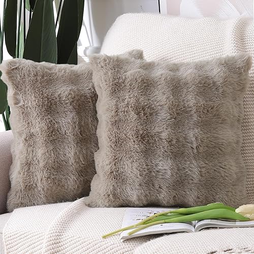 MADIZZ Pack of 2 Thick Plush Wool Throw Pillow Covers 18x18 Inch Taupe Soft Decorative Cushion Cover for Sofa Bedroom Pillow Shell - Taupe - 18" x 18" (Pack of 2)