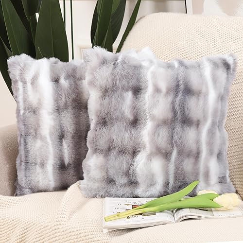 MADIZZ Pack of 2 Thick Plush Wool Throw Pillow Covers 18x18 Inch White Grey Soft Decorative Cushion Cover for Sofa Bedroom Pillow Shell - White Grey - 18" x 18" (Pack of 2)