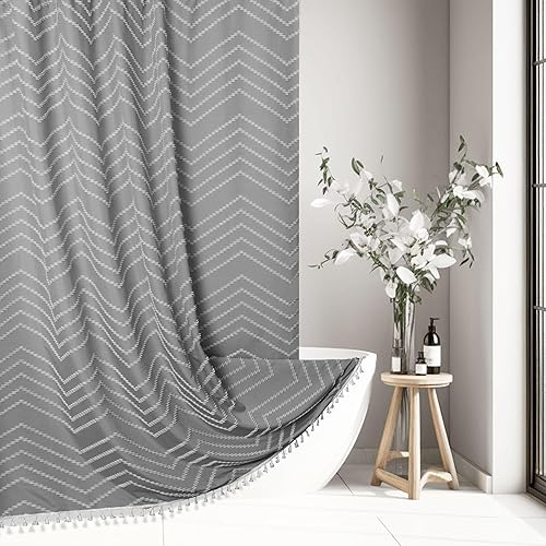Boho Shower Curtain with Tassel Woven Fabric Grey Shower Curtain 72 x 72 Modern Farmhouse Textured Tufted Chevron Striped Minimalist Bathroom Shower Curtain - 72"W x 72"L (Pack of 1) - White Grey