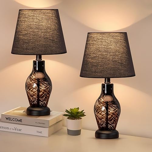 ONEWISH Small Bedside Table Lamp Set of 2, Wine Bottle Shape Glass Body, Warm Ambient Lighting, Bulb Included, 14" Height, Black - 14" black on/off -2packs