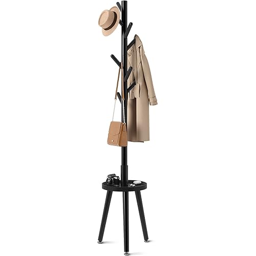 GREENSTELL Coat Rack with 8 Hooks, Wooden Coat Rack Freestanding with Shelf, Coat Tree with 4 Height Options 50.5"-72.6", Coat Hanger Stand for Bags, Clothes, Umbrellas, Hats, in Home, Black - Black