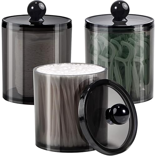 3 Pack Qtip Dispenser Apothecary Jars Bathroom with Labels-12 oz Black Plastic Qtip Holder Storage Set for Cotton Ball,Cotton Swab,Cotton Rounds,Floss Picks, Hair Clips，Hair Ties - Black - 3 Pack