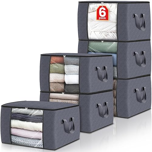 Fab totes 6 Pack Clothes Storage, Foldable Thick Fabric Blanket Storage Bags, Storage Containers for Organizing Bedroom, Closet, Clothing, Comforter, Organization and Storage with Handle,Grey - 6pack - Grey