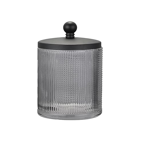 Indecor Home Glass Jar with Metal Lid for Bathroom Organization, Clear Apothecary Jar for Cotton Balls, Q-Tips, and Small Accessories, Stylish Bathroom Storage Container - Grey/Black - Grey/Black