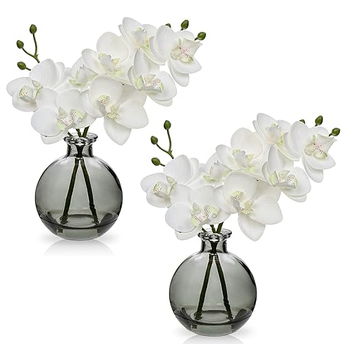 White Orchids Artificial Flowers Faux Orchid Arrangement with Black Glass Vase Set of 2 Real Touch Phalaenopsis Orchid Flowers Orchid Centerpiece for Dining Room Table - White/Black Vase