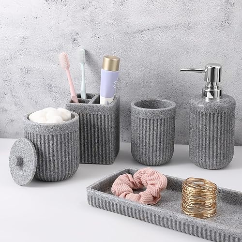 XLHOMO Resin Grey Bathroom Accessories Set 5 Pcs, Lotion Soap Dispenser, Toothbrush Holder, Bathroom Tumbler, Qtip Holder and Vanity Tray, Bathroom Countertop Organizer Set for Modern Home Apartment - Grey