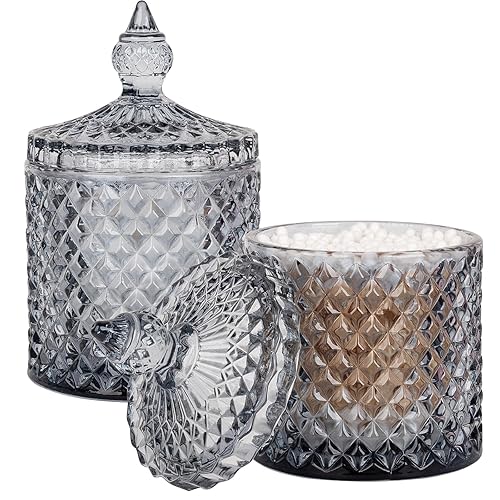 rejomiik 2 Pack Qtip Holder Thick Glass Apothecary Jars with Lid for Bathroom Decor, Cotton Ball Storage Organizer for Cotton Swab, Cotton Rounds, Jewelry, Candy, Grey - Grey - 10oz (2 pack)