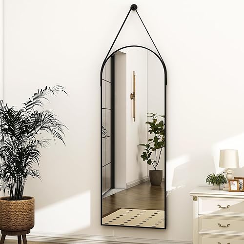HARRITPURE 16"x48"Arched Mirror with Hanging Leather Strap Full Length Mirror Aluminum Frame Wall-Mounted Arch Mirror Hanging Mirrors for Bathroom Vanity Living Room Bedroom Entryway Decor - Arched-black - 48"L x 16"W