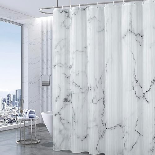 BLESFOREVER Grey White Marble Shower Curtain Set with 12 Hooks, Abstract Modern Luxury Gray White Marble Shower Curtains for Bathroom, Waterproof Fabric, 72" W X 72" L - White Marble