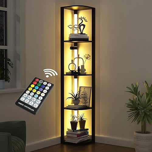 VTRIN Corner Shelf with Light, Modern Home Decor Stand Floor Lamps with Storage Shelves for Collectibles, Sturdy 5-Tier Corner Bookshelf Cabinet Display Shelf for Living Room Bedroom Small Space - 5 tiers - Black