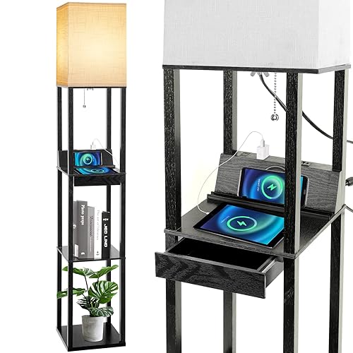 Floor Lamp with Shelves, RUNTOP LED Shelf Floor Lamp with Wireless Charger & 2 Charging USB Ports & Drawer, AC Outlet, 3 Color Temperature Tall Standing Lamp with Bulb for Living Room, Bedroom, Office - Black-Wireless Charger + Drawer