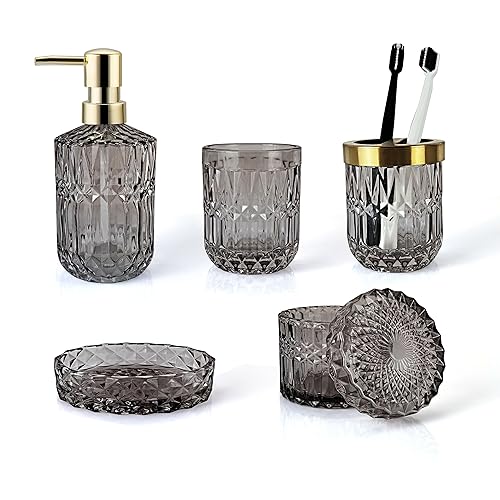 LaMarriti Black Bathroom Accessories Set, 5Pcs Clear Glass Bathroom Accessories, Vintage Bath Decor, Hand Soap Dispenser, Soap Dish, Toothbrush Holder Set, Countertop Organizer, Gift Set - Grey black