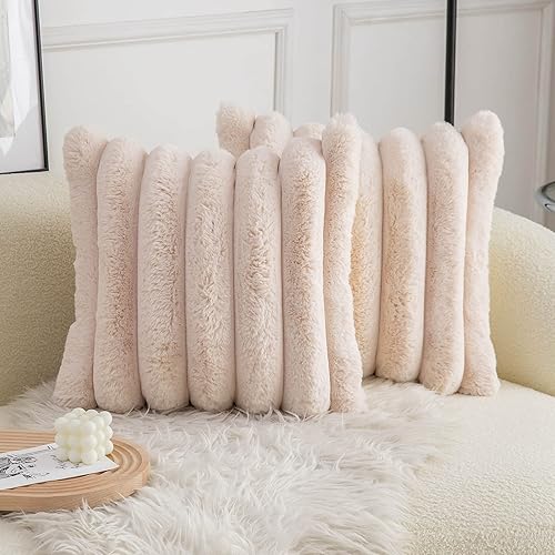 Neelvin Beige Faux Fur Cozy Soft Striped Decorative Throw Pillow Covers 18x18 inch Set of 2,Velvet Pillowcase Cushion Case for Sofa Couch - 18" x 18" (Pack of 2) - Stripe Beige