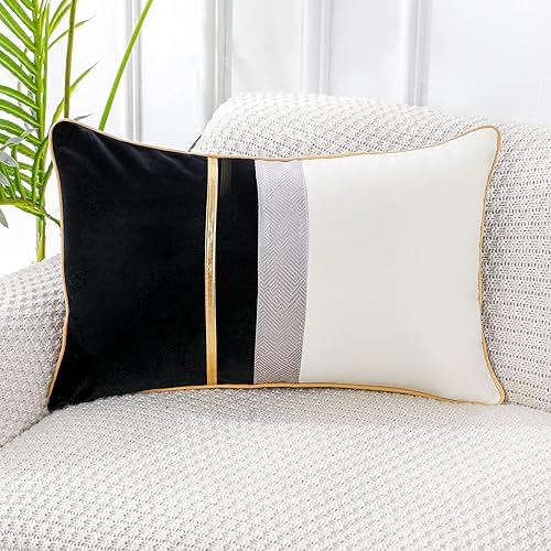 PANOD Patchwork Black Silk-Like Velvet Throw Pillow Cover with Gold Striped Leather Cushion Case Modern Luxury Lumbar Pillowcase for Sofa Couch Bedroom Living Room Home,12x20 inch - Black - 20" x 12" (Pack of 1)