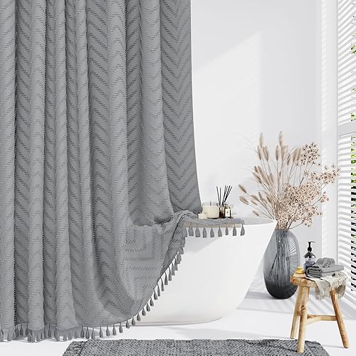 Dynamene Boho Farmhouse Shower Curtain, Grey Fabric Tufted Chevron Striped Textured Tassel Shower Curtains for Bathroom, Water Repellent, Minimalist Ruffled Cloth Shower Curtain Set with Hook, 72x72 - Grey - 72"W x 72"L (Pack of 1)
