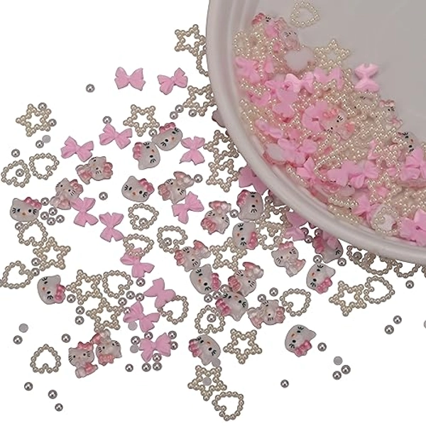 290 Pcs Nail Pearl Kitty Heart Bow Coquette Nail Charms Pink Charms Kitty Beads