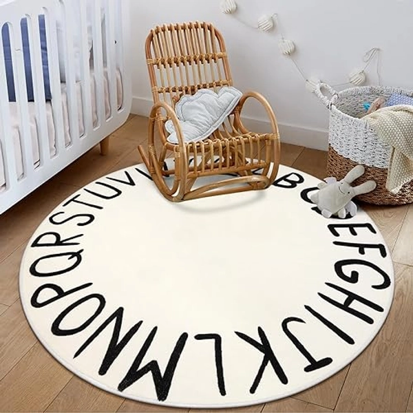 LIVEBOX ABC Play Room Round Rug Alphabet Play Mat, Circle Washable Rug Educationa Nursery Rug for Baby Boy and Girl Room, Non-Slip Learning Carpet for Children Playroom Classroom (47",Black,Beige) - 47 Inches - Black
