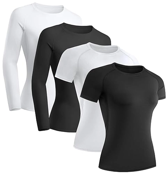 TELALEO 4 Pack Women's Compression Shirt Long/Short Sleeve Performance Workout Baselayer Athletic Top Gym Sports Gear - Small - 2 Long Sleeve+2 Short Sleeve-(2black+2white)