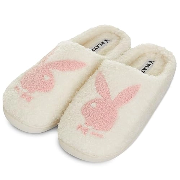 Playboy Womens Slippers Gifts for Women Extra Cozy Fuzzy House Slippers Slip On - Medium - Cream