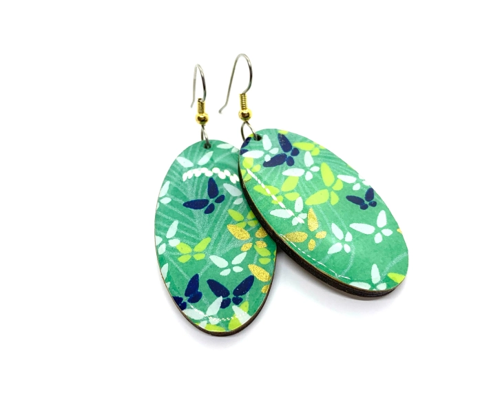 Green Butterfly Japanese Paper Earrings: Chiyogami Yuzen Oval Dangles
