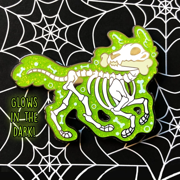 Enamel Pin: Bone Thief | Enamel Pin | Spooky Pup Skeleton Dog Halloween Glow in the Dark