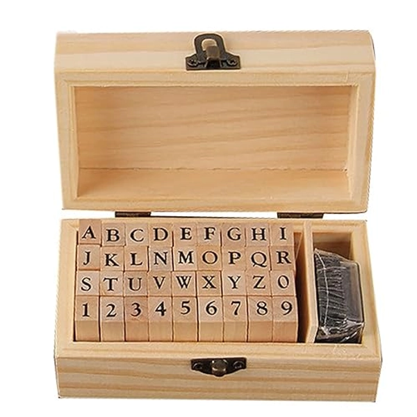 Yansanido 36pcs/Set Mini Small Wooden Stamps Box Multipurpose 0.2'' / 5mm Number A-Z Alphabet Letter Wood Rubber Stamp (A) - A