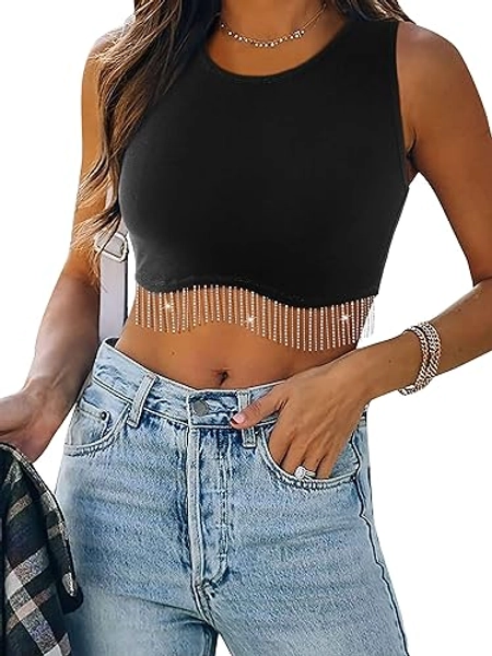 Womens Nashville Sparkly Rhinestone Fringe Sleeveless Crop Tops Y2K Raceback Ribbed Cropped Tank Tops with Glitter Tassel - Large - 1-black
