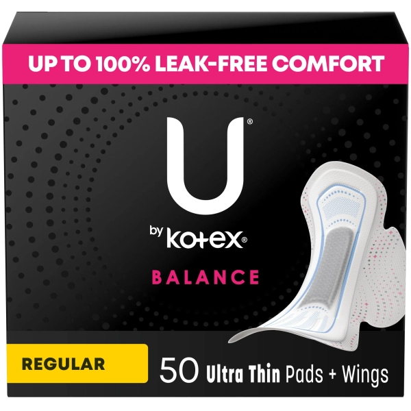 U by Kotex Balance Ultra Thin Pads with Wings, Regular Absorbency, 50 Count - Walmart.com