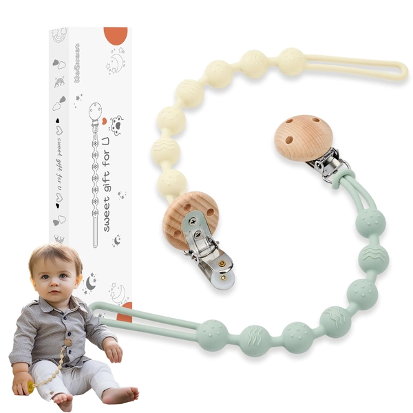 WeSweet Pacifier Clip, Pacifier Holders Silicone One Piece Design Smoother Clips for Newborn 4M+ - A- Cream+Green