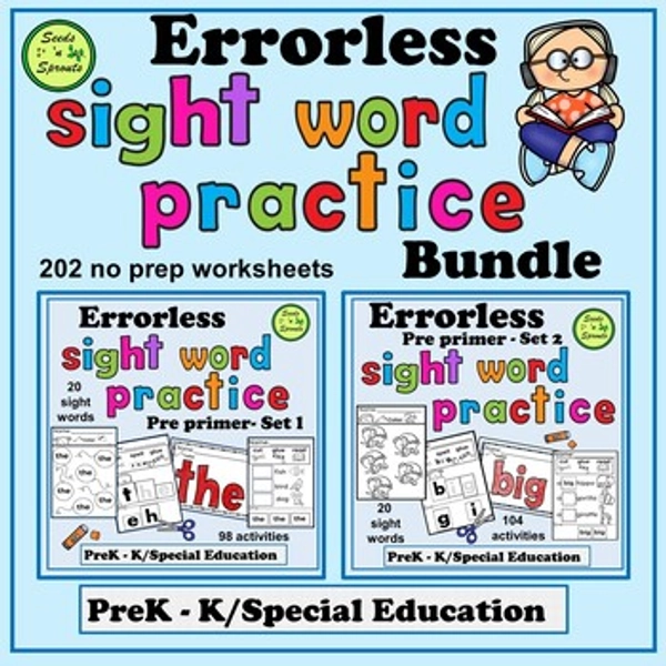 Errorless PrePrimer Sight Word Practice Bundle (PreK/K/Special Ed/Autism)