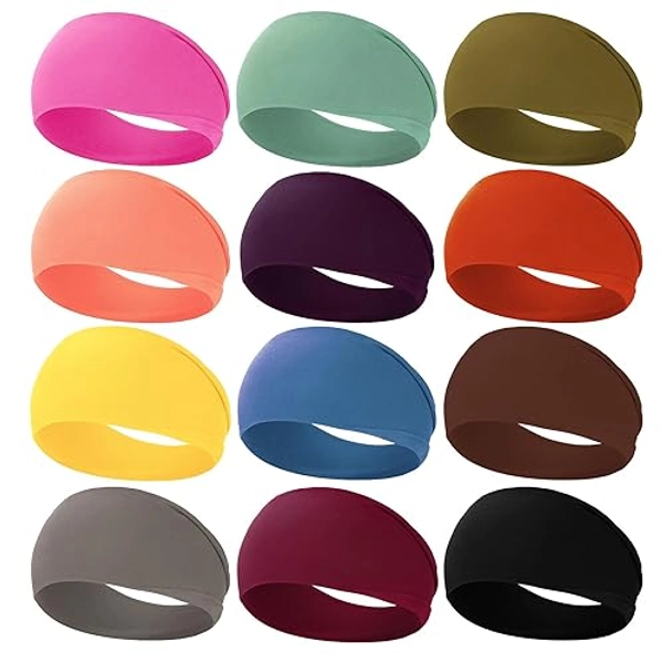 RITOPER Workout Wide Headbands for Women Non Slip, Super Soft Yoga Running Exercise Head Bands, Elastic Sweat Band Hair Bands for Women's Hair, Womens Solid Headband Hair Wrap - momao-12-solid