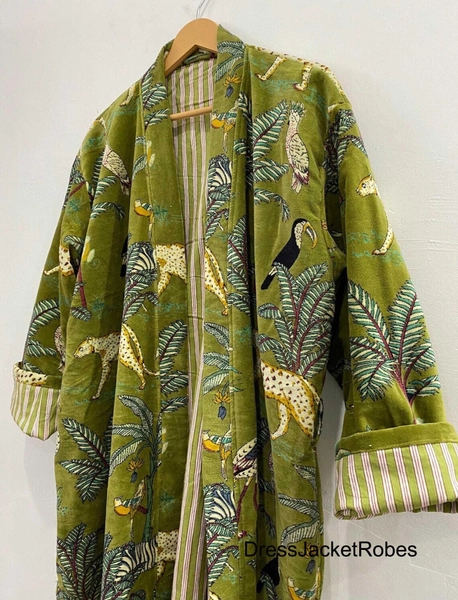 Green velvet Jacket coat Kimono bathrobe Plus Size robes ,Bridesmaid Boho Kimono gifts Floral Short long jackets wedding Robe inner cotton