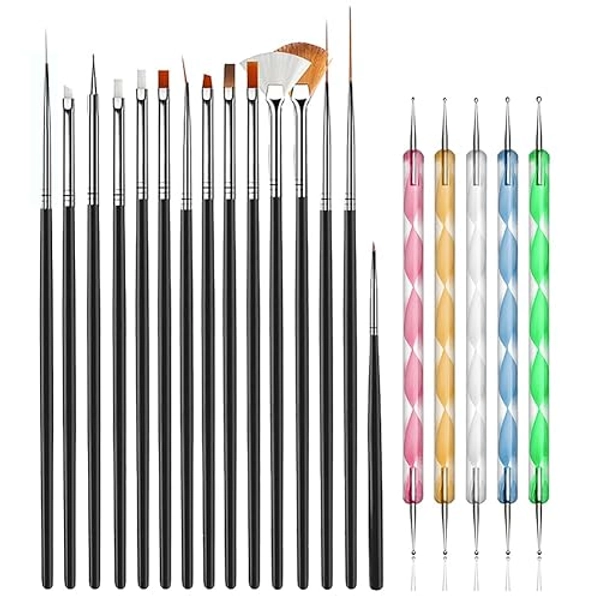 JOYJULY 20pcs Nail Art Design Tools, 15pcs Painting Brushes Set with 5pcs Dotting Pens (Black) … - Black